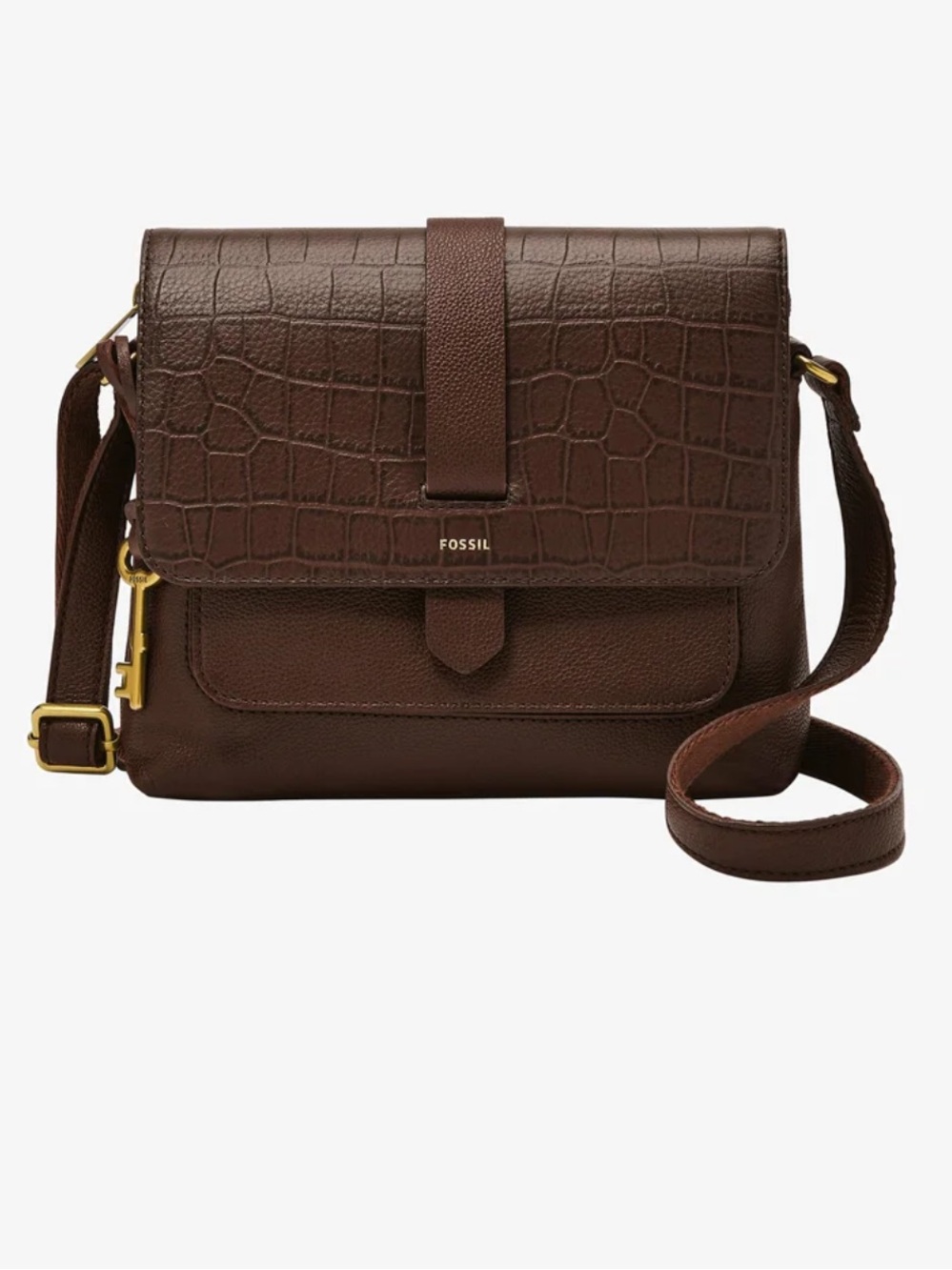 Fossil Kinley Leather Brown Croc-Embossed Crossbody Purse
